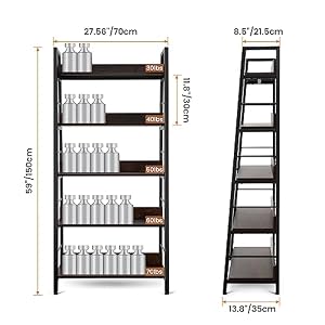 Himimi Industrial Ladder Shelf Rustic 5 Tier Leaning Bookshelf Wood Metal Ladder Bookcase Plant Flower Stand Rack Book Storage Shelves for Living Room Bedroom Home Office