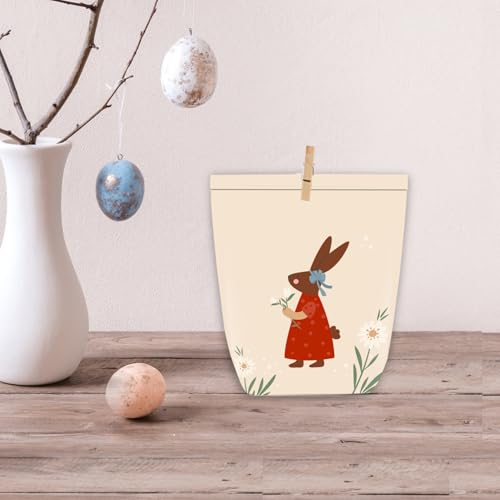KOHMUI Geschenktüten Ostern, 12 Ostertüten zum Befüllen, Bunt Bedruckte Tüten mit Klammern, Karikatur Osterhasen Basteln Set