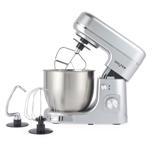 Salter EK6147MMS Aspen Stand Mixer – 5L Electric Food Kitchen Mixer With Dough Hook, Wire Whisk, Beater, For Cake, Bread, Baking, 8 Speeds & Pulse, Stainless Steel Mixing Bowl, 1300W, Silver