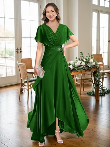 Women's Mother of The Bride Dresses for Wedding Short Sleeve A-Line Beaded Chiffon V-Neck Formal Evening Dresses4