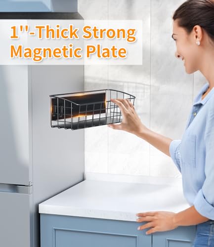 Image of 1Pack Magnetic Shelf for Refrigerator with Removable Hooks(Black) | Strong Magnetic Spice Rack for Kitchen Storage, Fruit Potato Onion Storage Shelves, Large Magnetic Basket Organizer