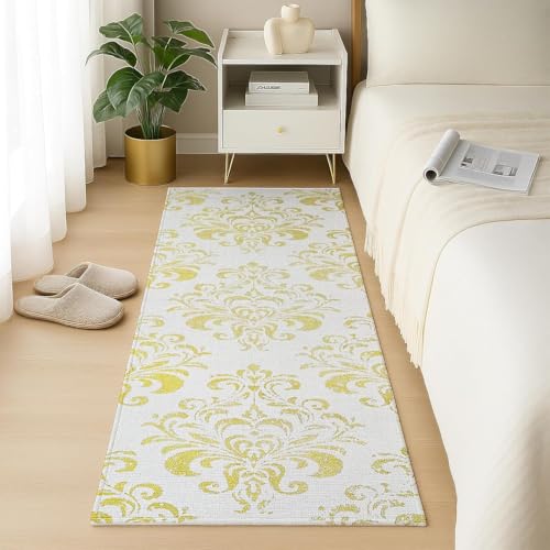 Image of SAGON 2x5 Ft Printed Runner Carpet - Cotton Bedside Rug for Bedroom & Living Room (Antique Floral Golden -2)