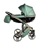 Original Junama Diamond Fluo-Line Reisesysteme Kinderwagen 2in1 3in1 4in1 + Schlafsack + Handmuff + Sonnenschirm + Originalzubehör Exclusive Prams (3in1, Gold-Grün 02)