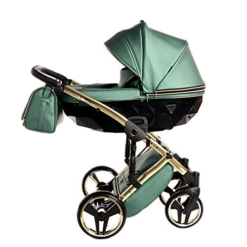 Original Junama Diamond Fluo-Line Reisesysteme Kinderwagen 2in1 3in1 4in1 + Schlafsack + Handmuff + Sonnenschirm + Originalzubehör Exclusive Prams (3in1, Gold-Grün 02)
