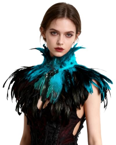 keland Gothique Victorien Plume Cape Châle Etoles Poncho avec Ras de cou Collier pour Halloween Cosplay Costume (Bleu acide)