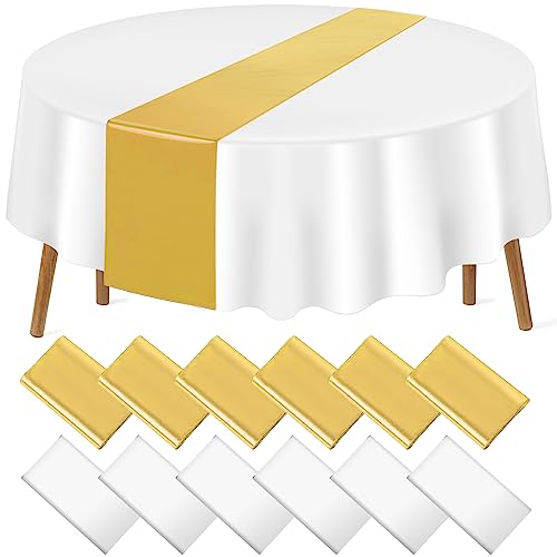 Image of 12 Pack 12x108 Inch Satin Table Runner and 84 Inch Round Plastic Tablecloths Set White and Gold Disposable Round Table Cover for Graduation Wedding Bridal Shower Anniversary Birthday Party Decorations