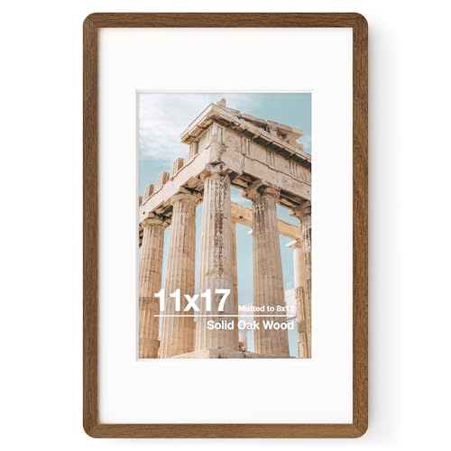 11x17 Picture Frame | Solid Oak Wood 17x11 Poster Frame | 11 x 17 Picture Frame With Mat For 8x12 | Tempered Glass And Hanging Hardware Included | 11 by 17 Photo Frame Wood (Walnut, 1 Pc)