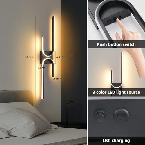Image of Battery Operated Wall Sconce with Remote Control, USB Rechargeable Wireless Wall Sconce Set of 2, LED Dimmable Wall lamp, 3 Color /Timer /Memory, Black Wall lights for Bedroom Living Room, 31.5 inch