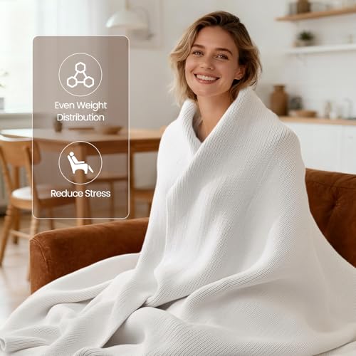 Image of Knitted Weighted Blanket for Adults, White 62 inchx90 inch 16lbs | Chunky Knit Heavy Cotton Blanket,Gifts for Women Mom Birthday Gifts Presents,Cooling,Breathable,Sustainable,Machine Washable