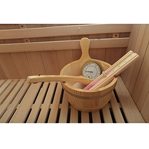 Finnische Sauna Dewello Sarnia 180×140 cm aus Hemlock mit 6 kW Ofen