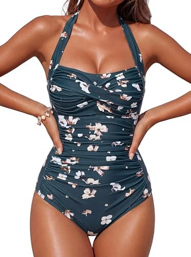 Smismivo Dark Green Floral Tummy Control Swimwear Halter One Piece Slimming Vintage Retro Swimsuit Womens Ruched Plus Size Push Up Bathing Suit