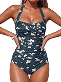 Smismivo Badeanzug Damen Bauchweg Push Up Schwimmanzug mit Retro Schlankheits Raffung Vintage Einteilige bademode Swimsuits for Women