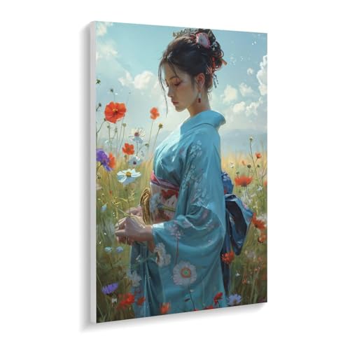 数字油絵 ラッセン 花に囲まれた青い着物を着た女の子 デジタル油絵 数字キットによる絵画 DIY絵 手塗り キャラクターイラストアート 数字キット塗り絵 壁飾り ホーム オフィス装飾 数字塗り絵 手工芸 初心者 大人 子供 贈り物 30×40cm