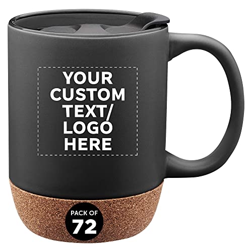 Custom Barista Ceramic Mugs with Cork Bottom 13 oz. Set of 72, Personalized Bulk Pack - Perfect for Coffee, Tea, Espresso, Hot Cocoa, Other Beverages - Black