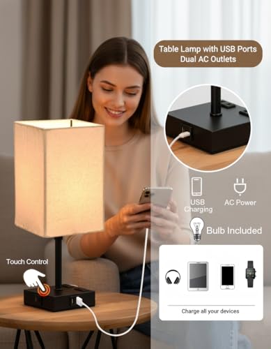 Image of Homesake Touch Table Lamp with USB A + Type C Charging Ports Dual AC Outlets, Touch Control, Medium Size, Bulb Included Night Stand, Bedside Desk Light Bedroom Living Room Office, (Khadi Rectangle)