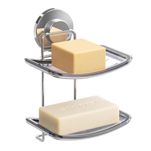 TAILI Seifenschale mit Ablauf für Badezimmer, MAX Halten 5 KG, Doppelter Edelstahl Seifenschalen ohne Bohren, Seifenhalter Wandmontage, Seifenhalter mit Saugnapf für Dusche, Küche Schwammhalter, Chrom