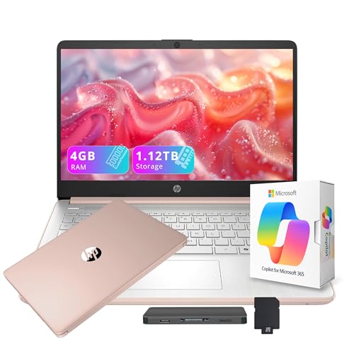 Image of HP Stream 14 inch Laptop with AI Copilot, Flagship for Students & Business, 13th Gen Intel 4-Core, 4GB RAM, 1.12TB Storage (128GB UFS + 1TB Docking Station), Office 365 1-Year, Win 11 S, Rose Gold