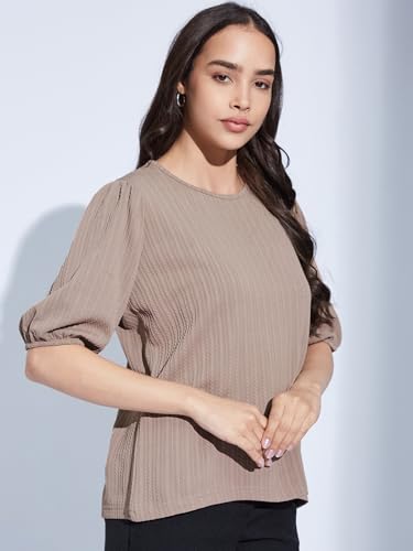 Image of Selvia Textured Lycra Plain Regular fit Round Neck Balloon Sleeve Stylish