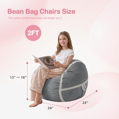 Image of 2FT Bean Bag Chair 2'Bean Bag Chairs with Memory Foam Filled Small Bean Bag | Bean bags with Machine Washable Cover Dutch Velvet Fabric, Comfy Chairs for Living Room, Bedroom, Dorm, Lightgrey