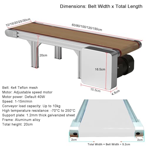 Petit convoyeur à bande efficace à vitesse réglable de 20 x 60 cm pour chaîne de montage de bureau – Parfait pour les usines et les ateliers, version compacte marron de 15 x 60 cm pour