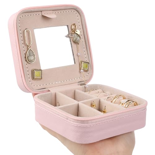 Image of Travel Jewelry Case Box Organizer with Mirror, Jewelry Storage,Pink,1 Pcs