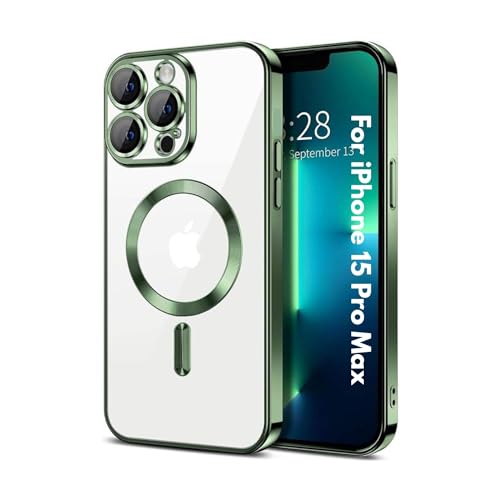 Image of TPU Designed for iPhone 15 Pro Max Luxury Electroplating Case [Magnetic MagSafe] [Integrated Lens Protection] Back Cover Case for iPhone 15 Pro Max (Green)