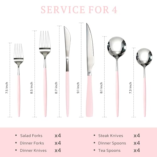 Image of Astercook Silverware Set with Steak Knives 24-Piece Flatware Set for 4 Food-Grade Stainless Steel Pink Cutlery Set Mirror Polished Utensils Set Include Spoons and Forks for Home Kitchen Restaurant