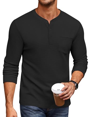 COOFANDY Men's Henley Shirts Long Sleeve Basic Waffle Pique Pullover T-Shirt with Pocket