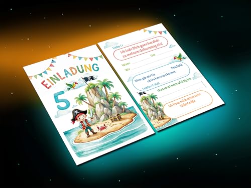 Junaversum 12 Einladungskarten zum 5. Kindergeburtstag Pirat Mädchen Jungen Kinder coole bunte Einladungen fünfte Geburtstag Geburtstagseinladungen Kids