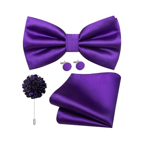 Dubulle Violet Pretied Bow Ties for Men Solid Adjustable Bowties Pocket Square Lapel Pin Cufflinks 4PCS Set Business Wedding