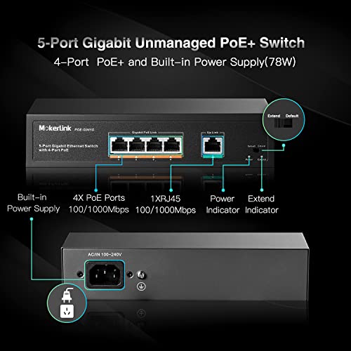 Image of MokerLink 5 Port Gigabit POE Switch, with 4 POE+ Ports 1000Mbps, 78W IEEE802.3af /at, Unmanaged Plug and Play, Sturdy Metal Fanless