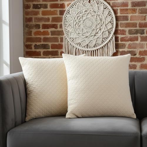 Image of STITCHNEST Quilted Velvet Cushion Covers Set of 2 | Soft Beige | 12x12 Inches | Premium Sofa & Living Room Decor