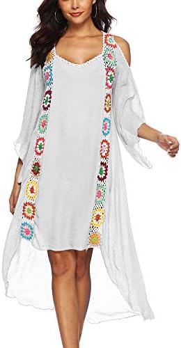 Dingjun Women's Bathing Suit Cover ups Crochet Trim Kaftans Strapless Irregular Swimwear Cover up Beach Long Dress (Swallowtail White)