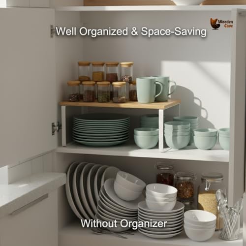 Image of Expandable Kitchen Organizer, Bamboo Finish Spice Rack with Metal Frame, Space-Saving Countertop Cabinet Shelf, Multipurpose Storage Solution (Single Rack)