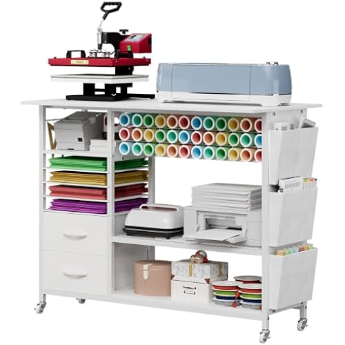 VENNQD Large Heat Press Table Stand, Rolling Heat Transfer Machine Desk Cart Drawers Compatible with Cricut Machines Vinyl Roll Holder DIY Organizer Crafting Table Workbench (White)
