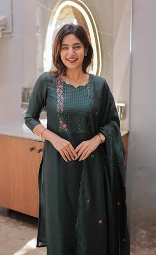 Image of Women Cotton Kurta Pant Set with Chanderi Cotton Dupatta | 3-Piece Straight Fit 3 /4 Sleeves Kurta with V-Neck | Ethnic, Festive & Casual Wear for Women| 3 Piece Set