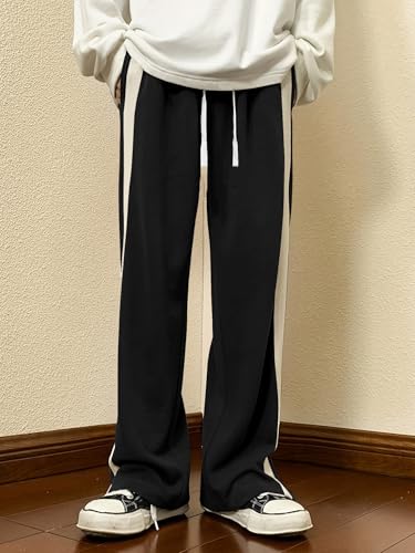 Image of GRECIILOOKS Men's Wide Leg Track Pants with Contrast Side Panel, Relaxed Drawstring Fit Streetwear Trousers, Poly Blend Casual Joggers