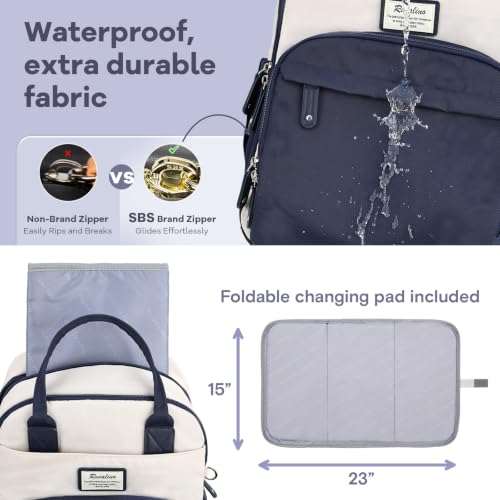 Image of RUVALINO Diaper Bag Backpack-Multifunction Baby Travel Bag with Changing pad, Insulated Bottle Holders & Pacifier Case, Large Capacity, Waterproof, Cream & Blue