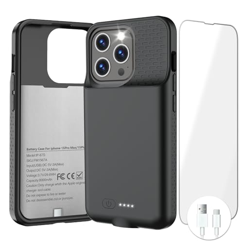 GIN FOXI Battery Case for iPhone 15 Pro Max/15 Plus, 15W Fast Charging Battery Charger Case Rechargeable Real 8000mAh Ultra-Slim Anti-Fall Protection Extended Charger for iPhone 15ProMax&15Plus(6.7