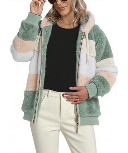 ROFUSSO Women's Lightweight Fleece Jacket Hooded Oversized Teddy Coat Soft Fuzzy Outerwear with Pockets Color Block Cardigan for All Season Layering Green L