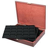 Echtholz Münzkassette mit 5 schwarzen Münztableaus mit je 20 quadratischen Fächern.