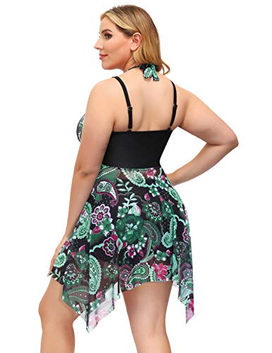 Two Piece Swimsuits For Women Plus Size Halter Tankini Swim Dress Suit With Shorts 22W Green Floral #TOP4