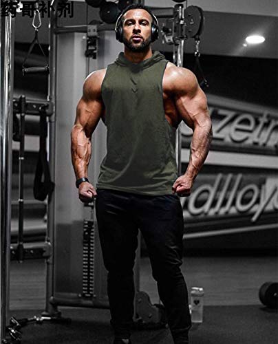 Urru Mens Fashion Sleeveless Hoodie Fitness Tank Top Pocket Army Green L #TOP1