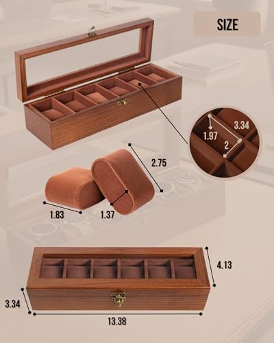 Image of Watch Box, Watch Case for Men Women with Large Glass Lid, Wooden Watch Display Storage Box with 6 - Slots, Retro Walnut Mens Watch Box Organizer
