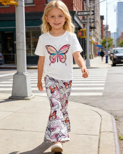 Image of OLMRJKD Kid Toddler Girl Clothes Outfits Short Sleeve Butterfly Top Flared Leg Pants Summer Clothing Set