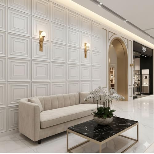 Image of Kayra Decor 3D PVC Wall Panels for Bedroom & Living Room | Frame Design | White Color | 19.7 x 19.7 Inch | Pack of 40 | 107.60 Sq Ft