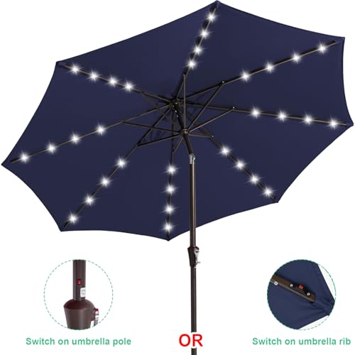 Image of JEAREY 9FT Outdoor Patio Umbrella with Solar Lights, LED Lighted Pool Umbrella with Tilt and Crank, Outdoor Table Umbrellas for Deck, Yard & Market (Navy Blue)