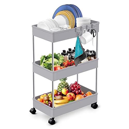 KPX Bathroom Rolling Storage Cart with Wheels Kitchen Utility Cart Casters Mobile Laundry Organizer Shelves for Room Organizers, Make Up, Home School, Dorm Room Office Essentials (3-Tier, Gray 1)