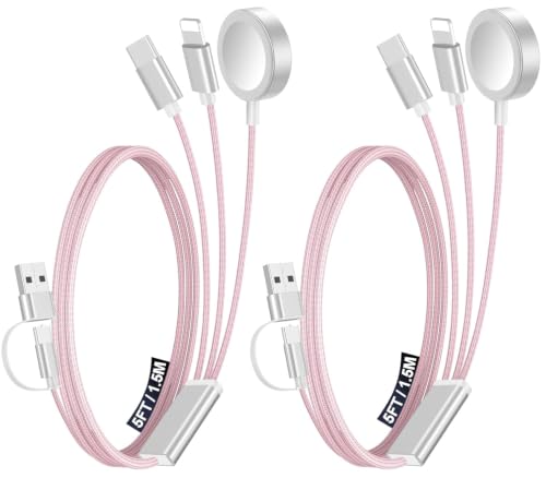 Image of 2Pack Travel Essentials for Apple Watch Charger,3-in-2 Multi Charging Cable | Cruise Vacation Camping Essentials for iPhone Charger,Type C /Lightning for iWatch,iPhone 17-12,Xbox Series X&S-5FT Pink