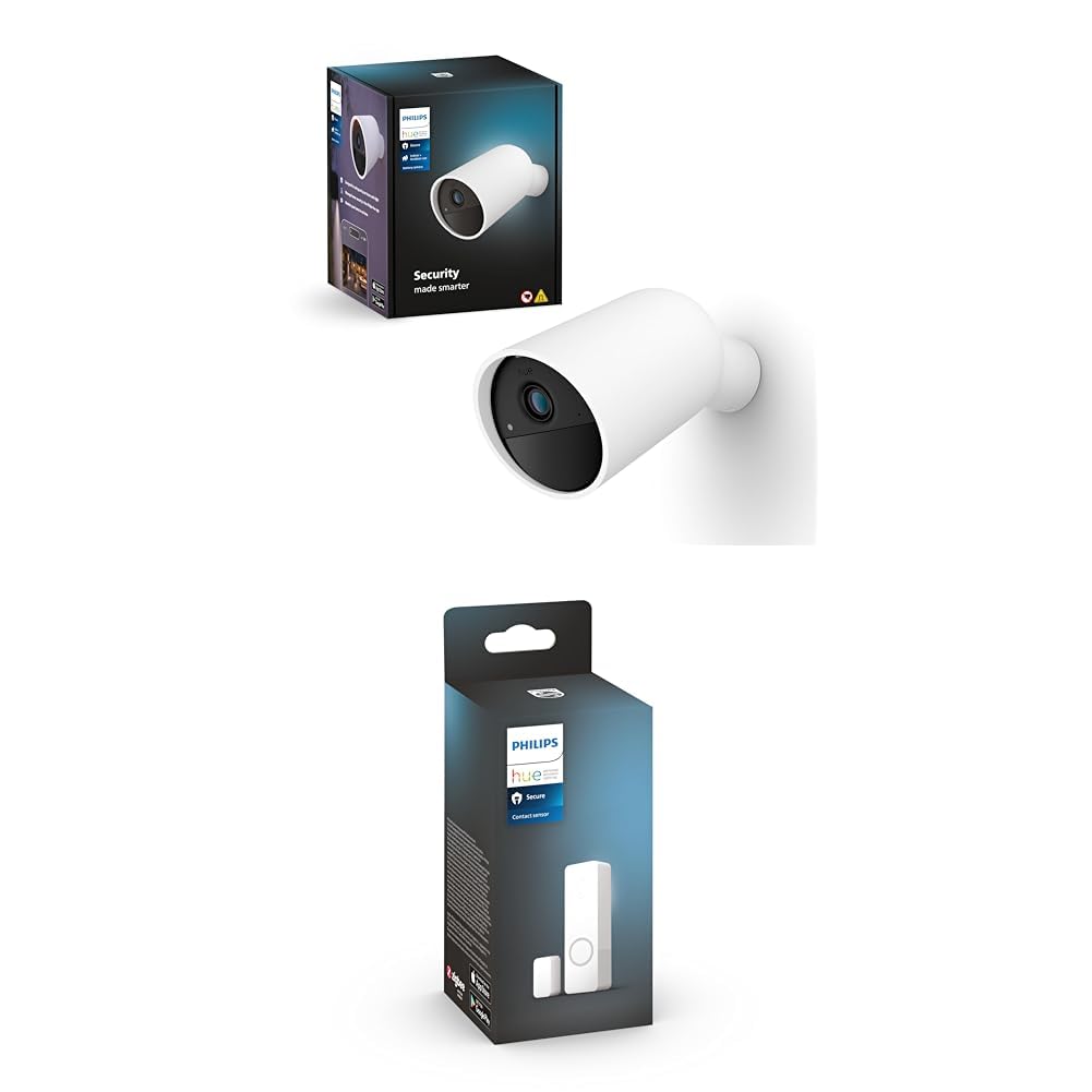 Philips Hue Secure kabellose Smart Home Überwachungskamera, weiß + Philips Hue Secure Smart Home Kontaktsensor für Türen und Fenster, Smart Home Security und Lichtsteuerung mit nur einer App, schwarz